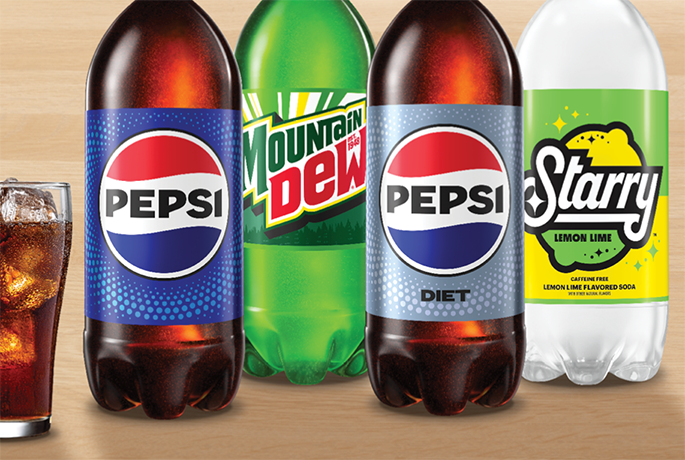 2 liters of Pepsi, Mountain Dew, Diet Pepsi, and Starry drinks
